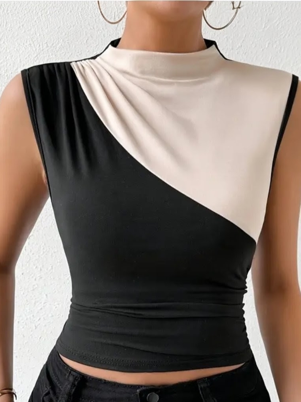 Two-Tone High Neck Sleeveless Top — Black & Cream